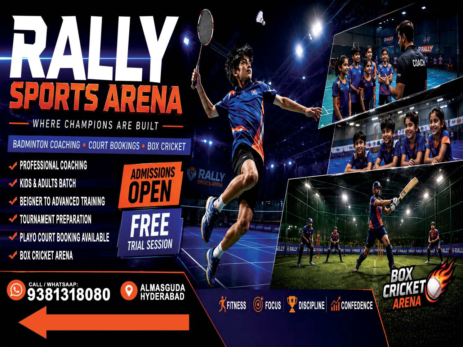 Rally Sports Arena poster with badminton coaching, court bookings, and box cricket details