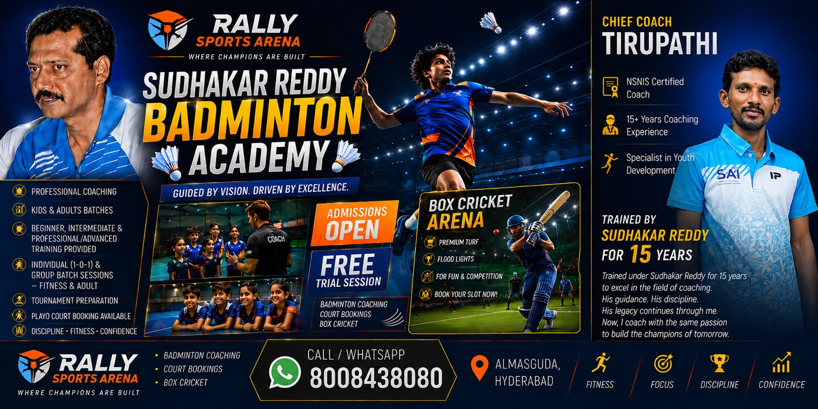 Sudhakar Reddy Badminton Academy and Rally Sports Arena coaching poster